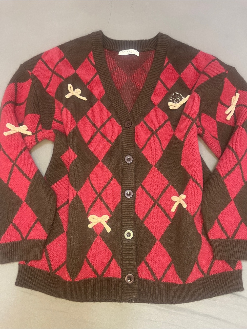 Women's Brown & Red Argyle Cardigan Sweater with Bow Accents